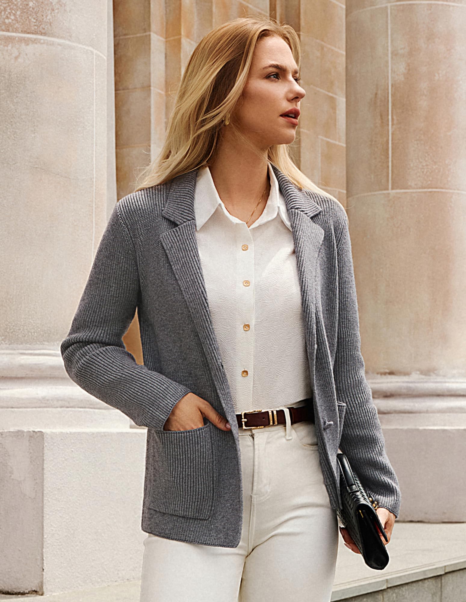 GRACE KARIN Cardigan da donna a maniche lunghe, lavorato a maglia, con risvolto a due bottoni, stile casual, da ufficio