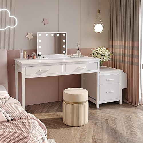 Miniatura 5 de Lufeiya - Escritorio blanco para computadora con cajones de archivo de tela, escritorios de oficina en casa de 57 pulgadas con gabinete de archivo