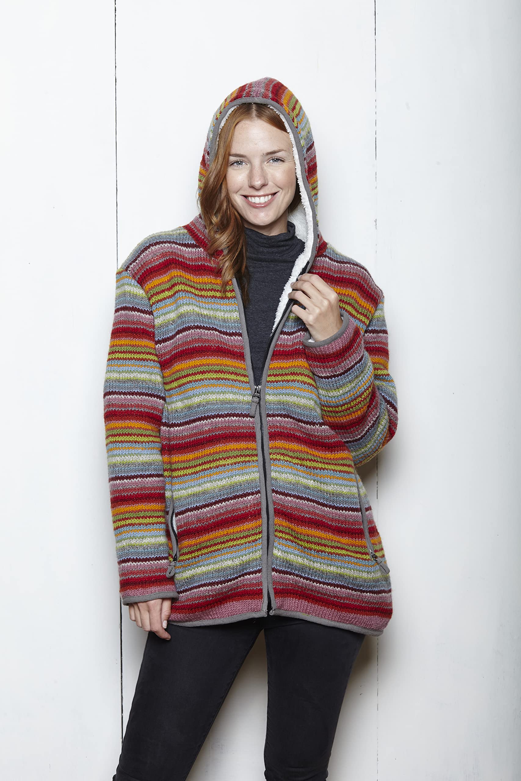 Sudadera con capucha de lana con cremallera para mujer, forro polar, tejido a mano, multicolor, hecho a mano, extra cálida, Pachamama Fair Trade