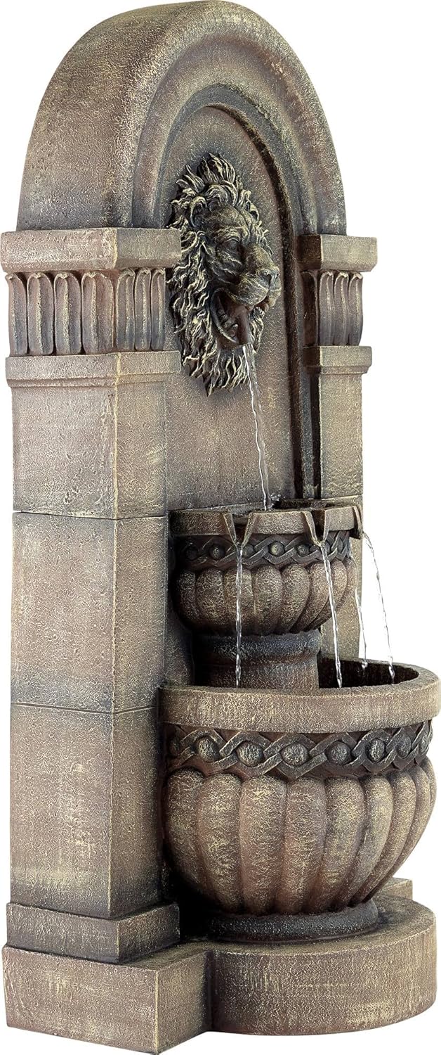 Roman Lion Face Gray Resin 50" Outdoor Floor Water Fountain with LED Light