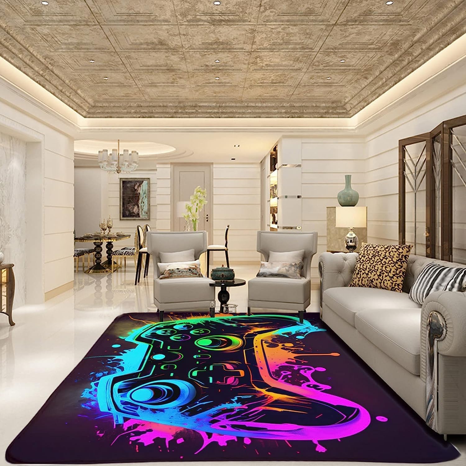 Game 3D Controller Bereich Teppich 120 x 160 cm, rutschfeste Fußmatte Graffiti Spielkonsole Dekoration, Waschbar Gamer Teppich Carpets für Gamer Jungen Teen Schlafzimmer Wohnzimmer (F)