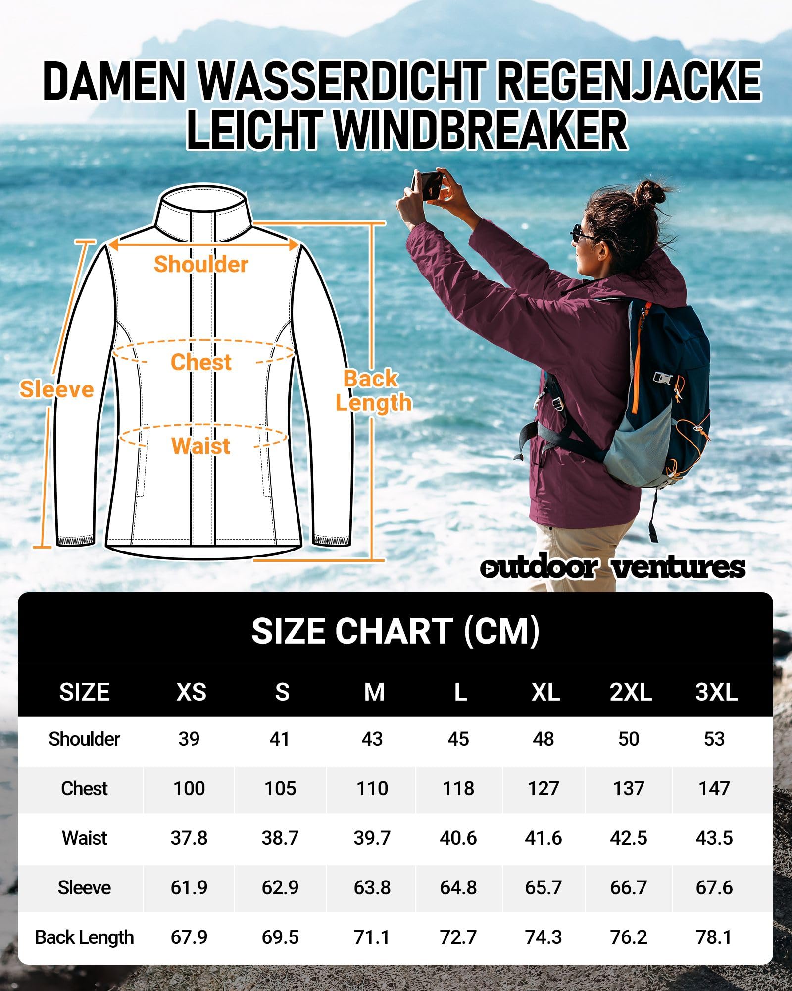 Outdoor Ventures Chubasquero para mujer, resistente al agua, cortavientos, chaqueta ligera de entretiempo con capucha, chaqueta de ciclismo y exterior
