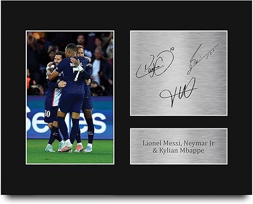 HWC Trading Lionel Messi, Neymar Jr y Kylian Mbappe PSG Gifts - Imagen impresa con autógrafo firmado para fanáticos y partidarios del fútbol, tamaño