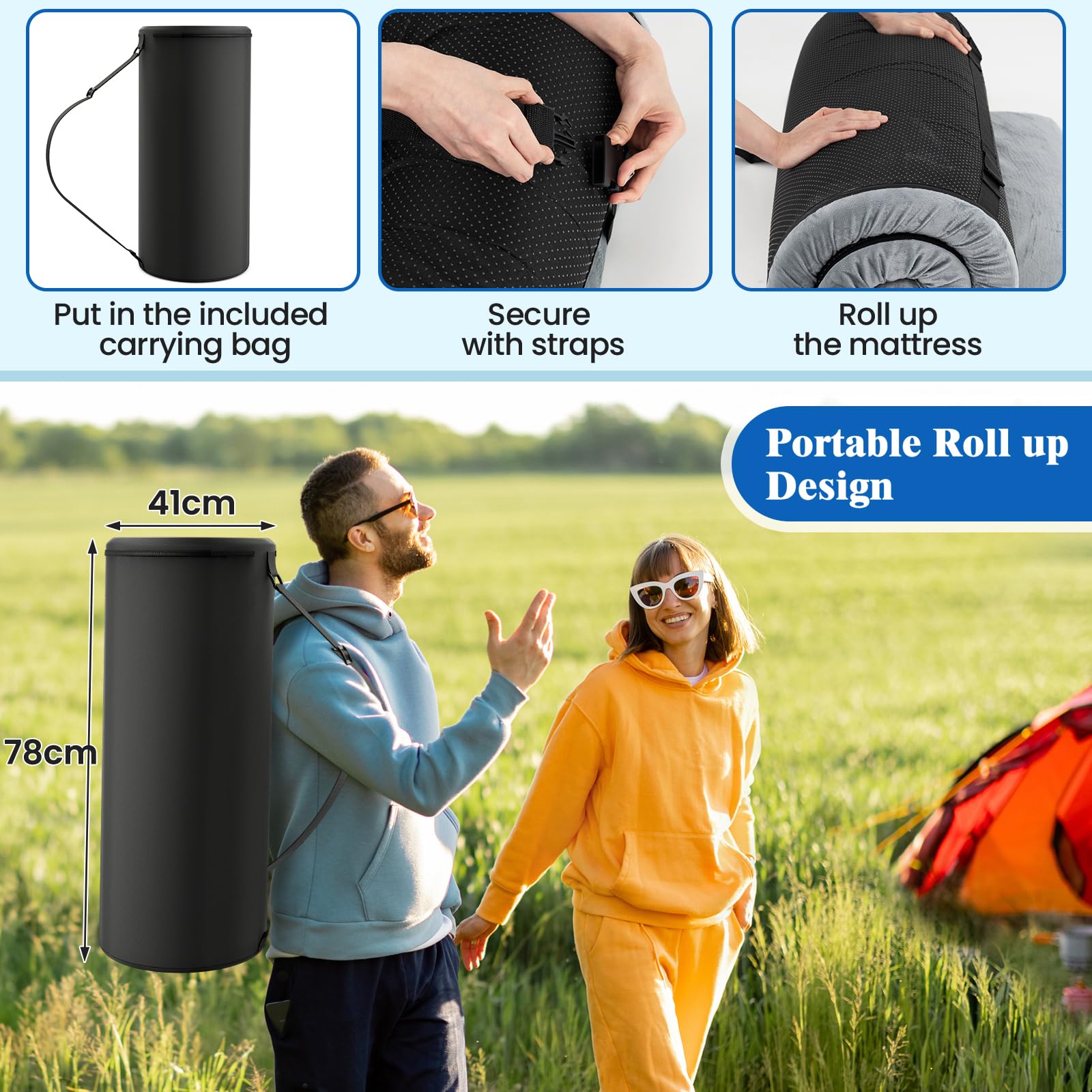 SOARS Matelas Pliable 1/2 Personnes, Matelas Camping Portable en Mousse à Mémoire de Forme Douce et Confortable, Surface Imperméable, pour Camping, Voiture, Voyage