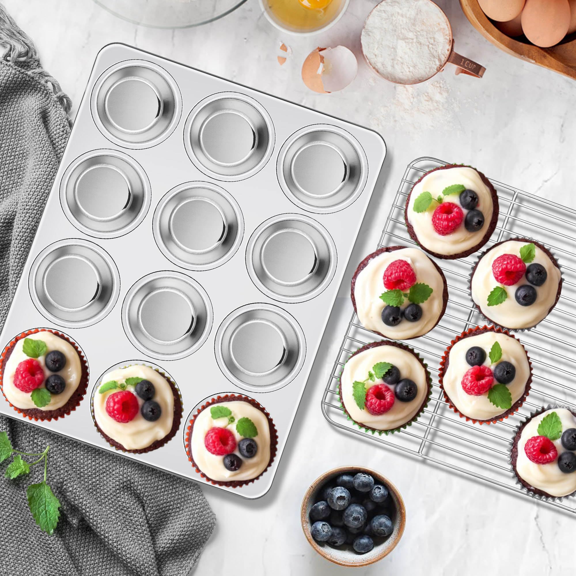 Homikit Lot de 2 moules à muffins en acier inoxydable avec 12 tasses de taille standard, plateau anti-adhésif en métal pour la cuisson, non toxique et antirouille, passe au four et au lave-vaisselle