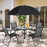 Vongrasig 6-Piece Folding Patio Dining Set with Umbrella - Sturdy Metal Outdoor Table & Chairs for Garden, Deck, Backyard - Black