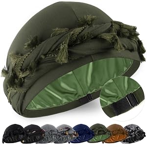 Babalet Halo Turban for Men Women Satin Lined Durag Head Wraps Skull Cap Pre-Tied Tassels Braid Beanie Vintage
