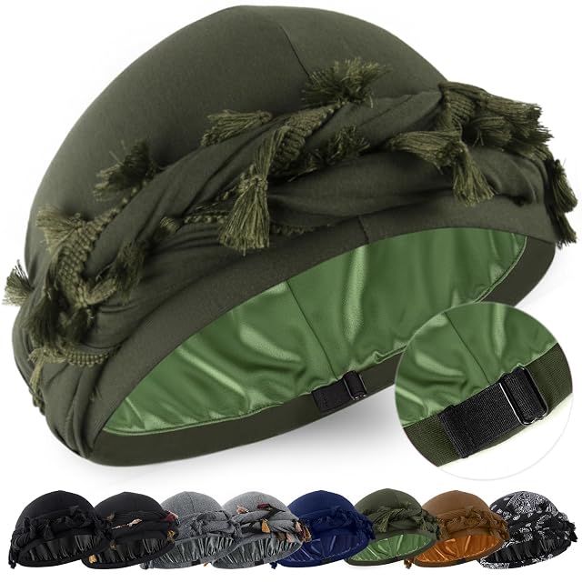 Babalet Halo Turban for Men Women Satin Lined Durag Head Wraps Skull Cap Pre-Tied Tassels Braid Beanie Vintage