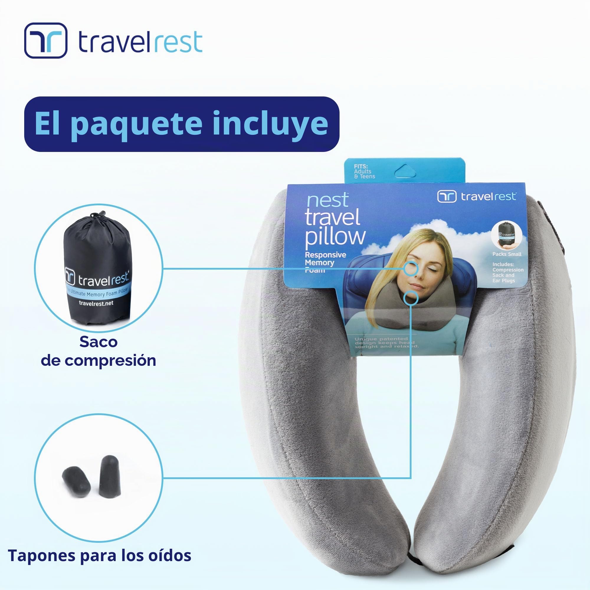 TRAVELREST - Almohada de Viaje/Cuello con Espuma viscoelástica - Terapéutica, ergonómica - Votada como la Mejor Almohada de Viaje para 2018-2024 por Wirecutter