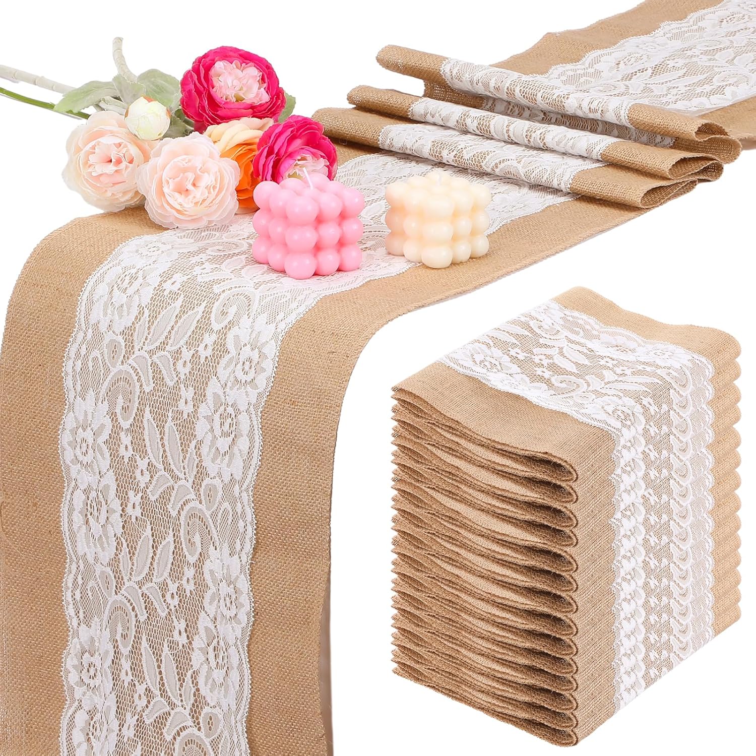 6 Pack Burlap Table Runners with Lace Wedding Rustic Farmhouse Runner for Table 12x71inch Natural Jute Country Vintage Tablecloth for Birthday Party Thanksgiving Wedding Christmas Kitchen Decor