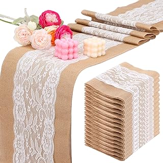 6 Pack Burlap Table Runners with Lace Wedding Rustic Farmhouse Runner fo...