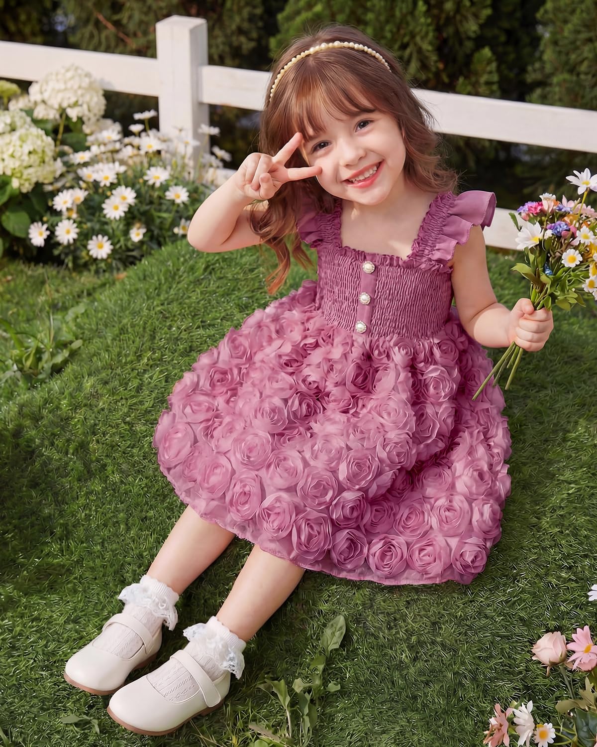 JiAmy Abito da principessa 3D, linea ad A, per bambini, senza maniche, con volant, spalline e vita elasticizzata, in tulle, per compleanno, matrimonio, per 2-8 anni