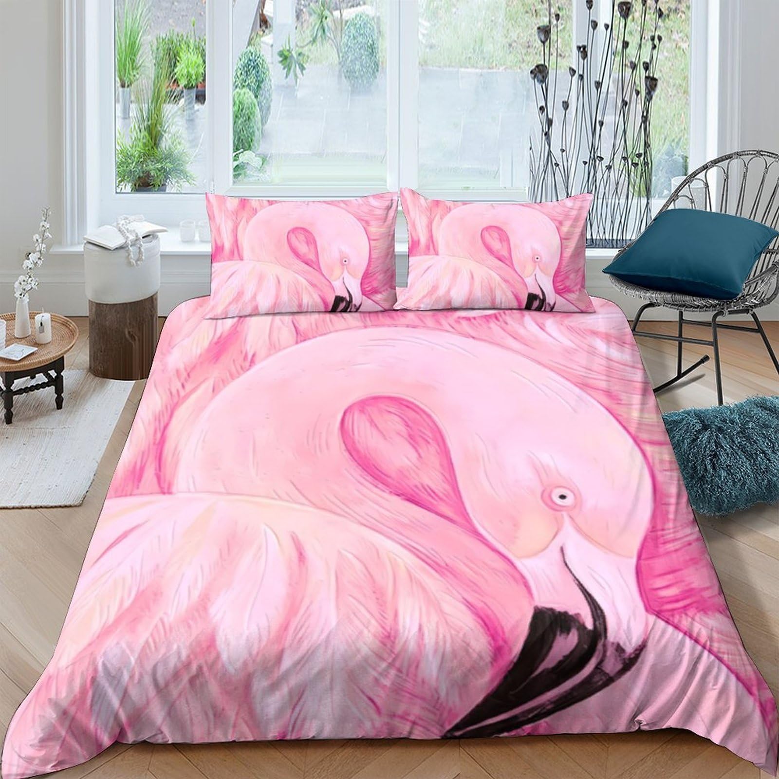 GPLZQXKJNH 3D Printed Pink Flamingo Duvet Cover Microfiber Soft Breathable Tropical Bird Bedding Set with 2 Pillowcases for Bedroom Decor Single（135x200cm）