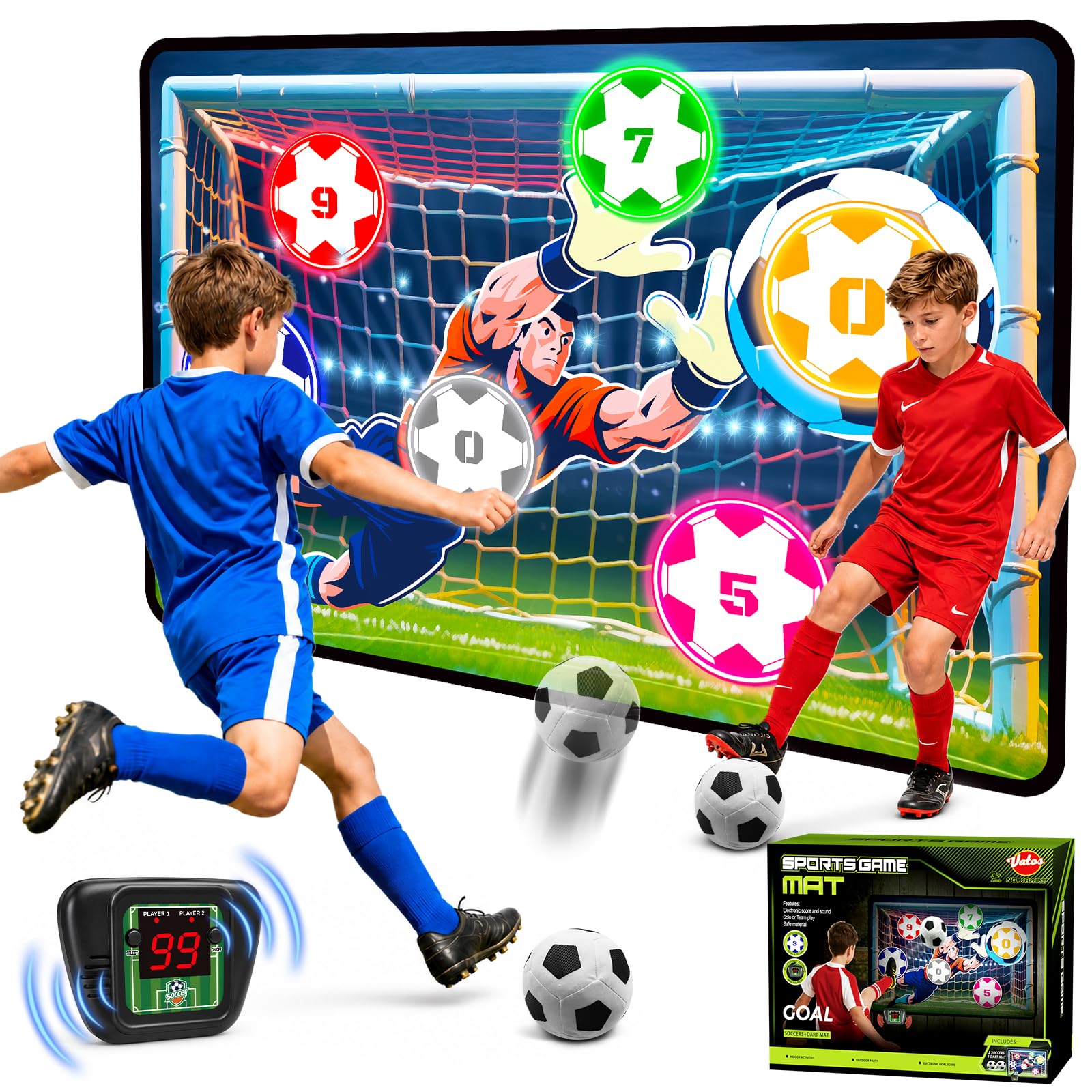 VATOS Electronic Scoring Football Toy Game Set for Kids, Indoor Outdoor Football Training Target with Real-Time Scoring&Sound, 2 Play Modes, Soft Fabric Goal&2 Balls, Sport Gift for Boys Girls Ages 3+
