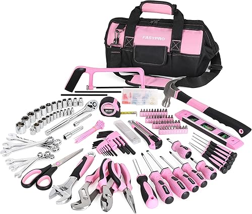 FASTPRO Juego de herramientas de 267 piezas, color rosa, kit de herramientas de reparación del hogar con bolsa abierta de boca ancha de 13 pulgadas,