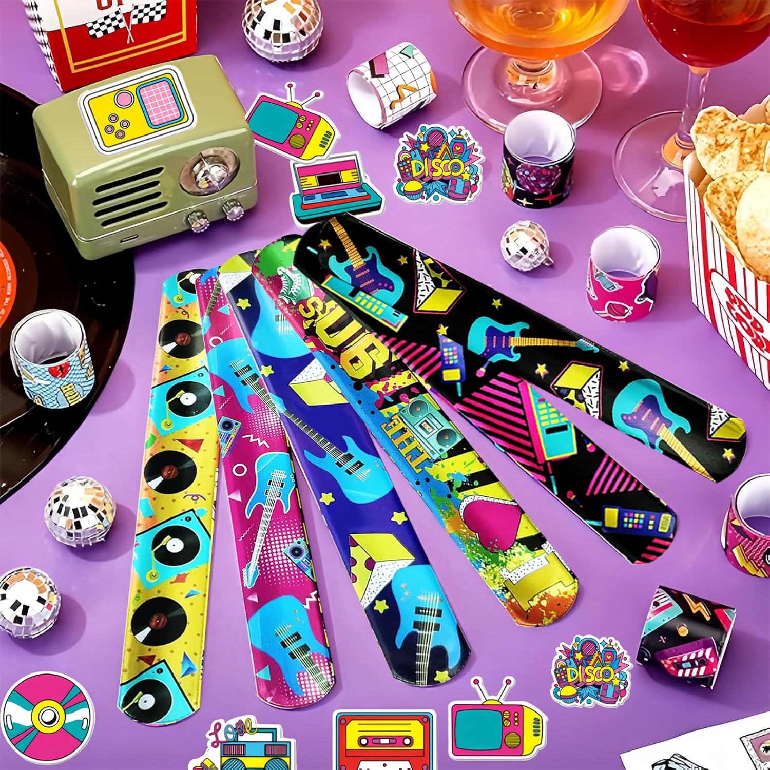 74PCS 80s 90s party decorations 50PCS Retro Theme Stickers&24PCS Slap Bracelets 80s 90s Birthday Supplies Team Gift Filler for Adults - Image 7