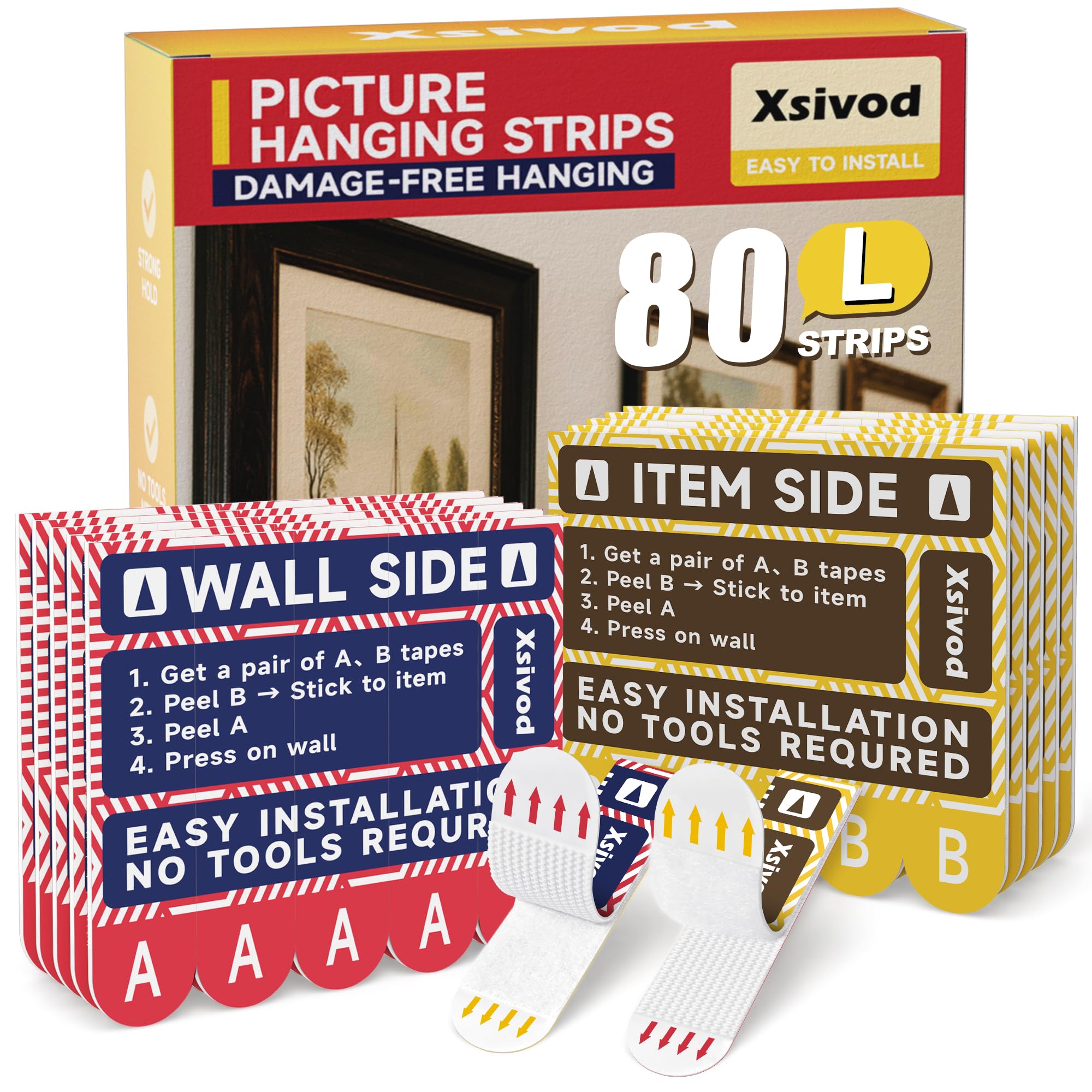 Damage Free Picture Hanging Strips Heavy Duty, L 80 Strips (40 Pairs)