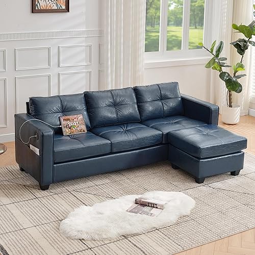 TYBOATLE 88" W Blue Faux Leather L Shaped Sectional Couches w/Side Pockets, Comfy Modular Convertible Sofas w/USB, Office Sofa Set with Chaise for Living Room, Bedroom (Blue, 3L)