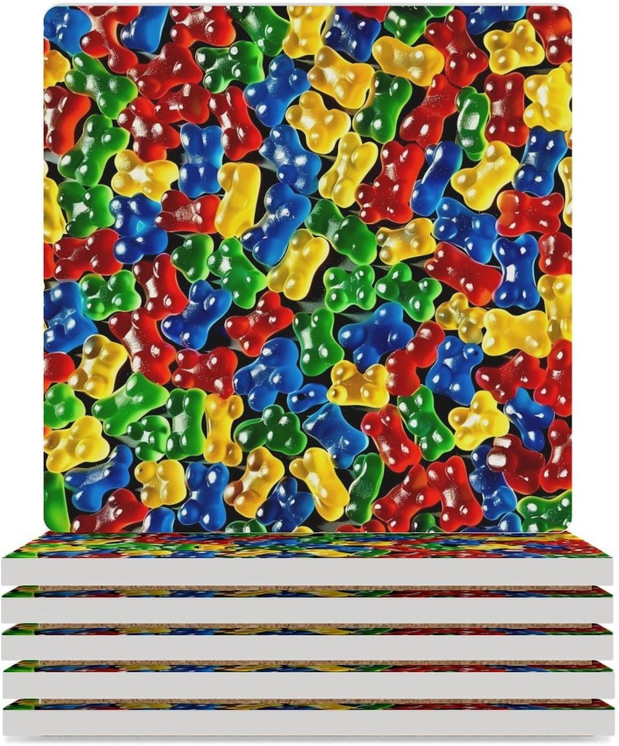 Gummy Bear Candy Coasters for Drinks Square Table Coasters Set Cup Mats with Cork Base