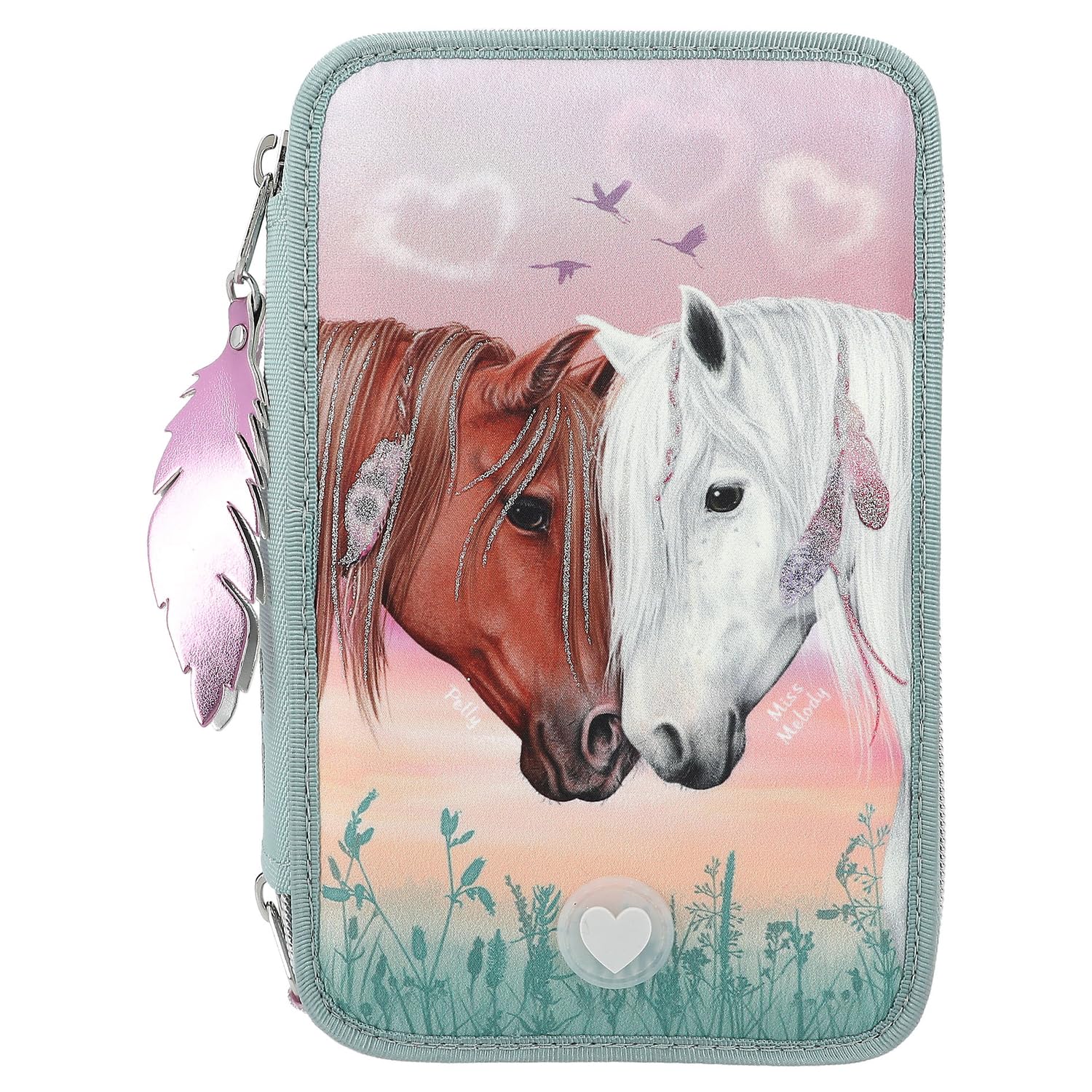 Depesche 11774 Miss Melody - Gefüllte 3-Fach Federtasche mit Pferde-Motiv und LED-Herzen, Salbeigrüne Federmappe mit Buntstiften, Lineal, Schere uvm.