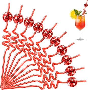 Disco Ball Reusable Straws for Party | 10Pack Retro 70s Decorative Plastic Decor Supplies for Valentine Cocktail Bar Holiday