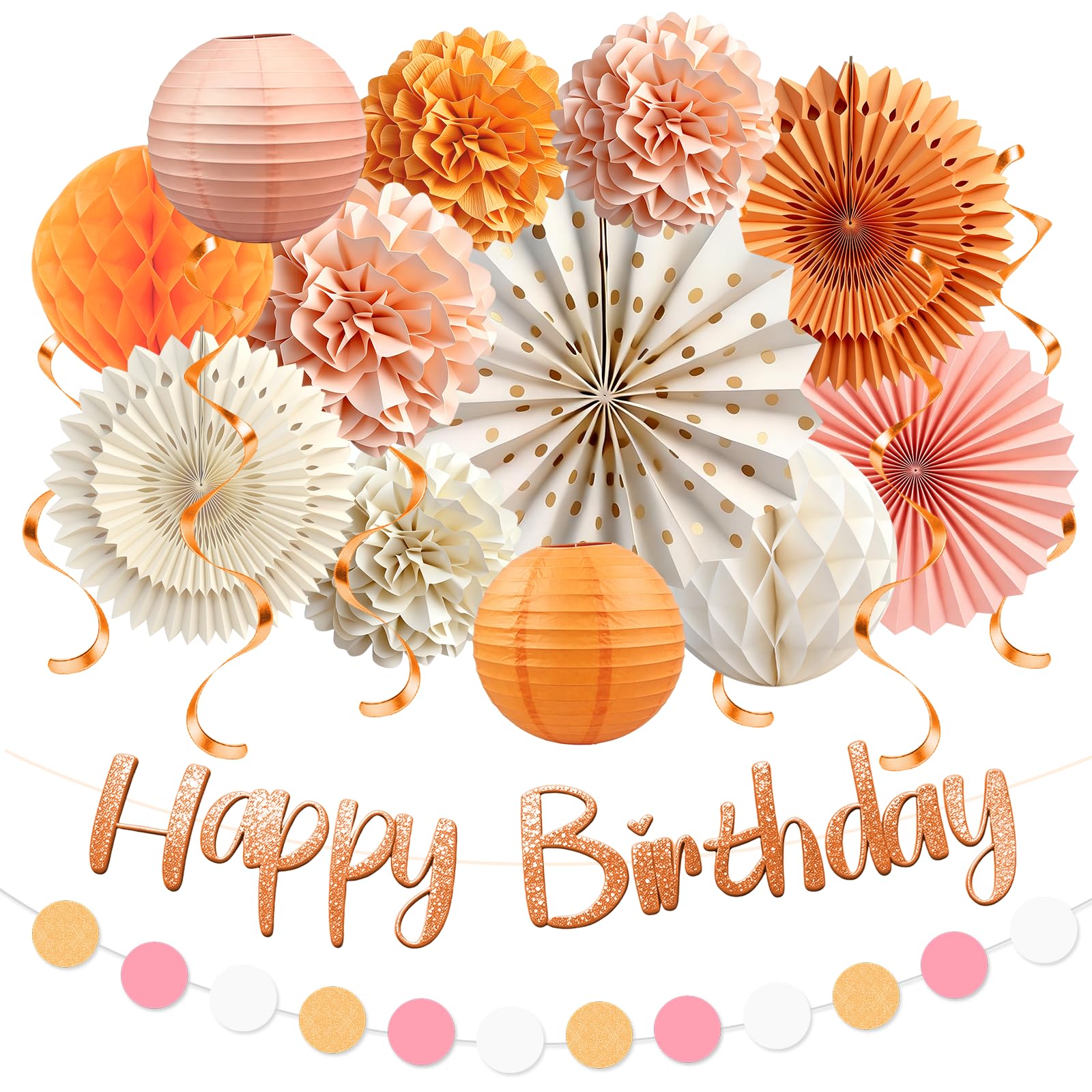 Orange Beige Peach Boho Fall Birthday Party Decorations, Happy Birthday Banner for Women Girls, Autumn Party Decorations with Paper pom pom, Lanterns, Fans for Bridal Shower Thanksgiving