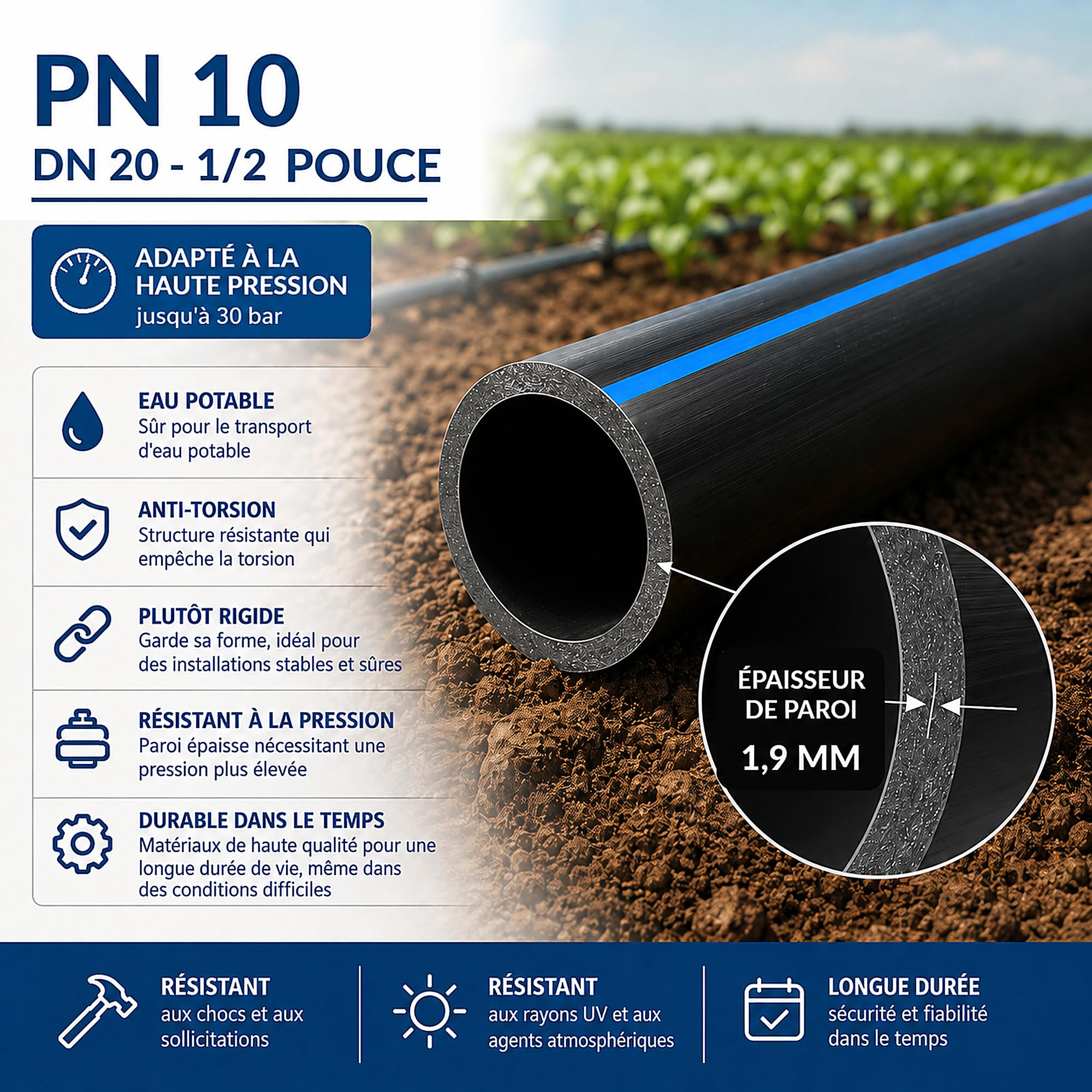 ESTO Tuyau d'irrigation 10 PN 50 ou 100 mètres diamètre 20, 25 ou 32, tuyau d'eau de jardin, polyéthylène haute densité, irrigation haute pression, jardin, tuyau d'arrosage (20 mm diamètre, 50 m)