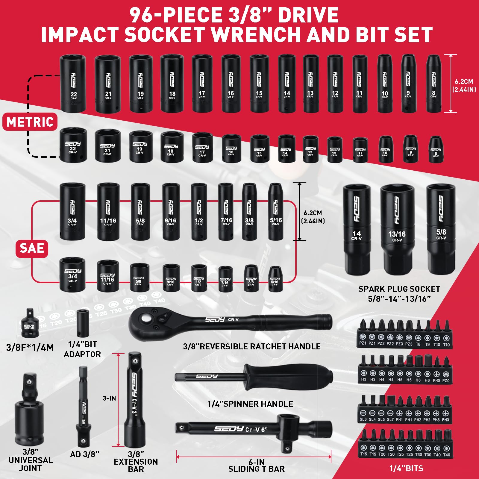 96-Piece 3/8" Drive Impact Socket Wrench and Bit Set, SAE 5/16”-3/4” & Metric 8-22mm, Cr-V Standard & Deep Sockets, Power Bits, Ratchet Handle, Universal Joint, Bit Holder, Adapters, Spark Plug Socket