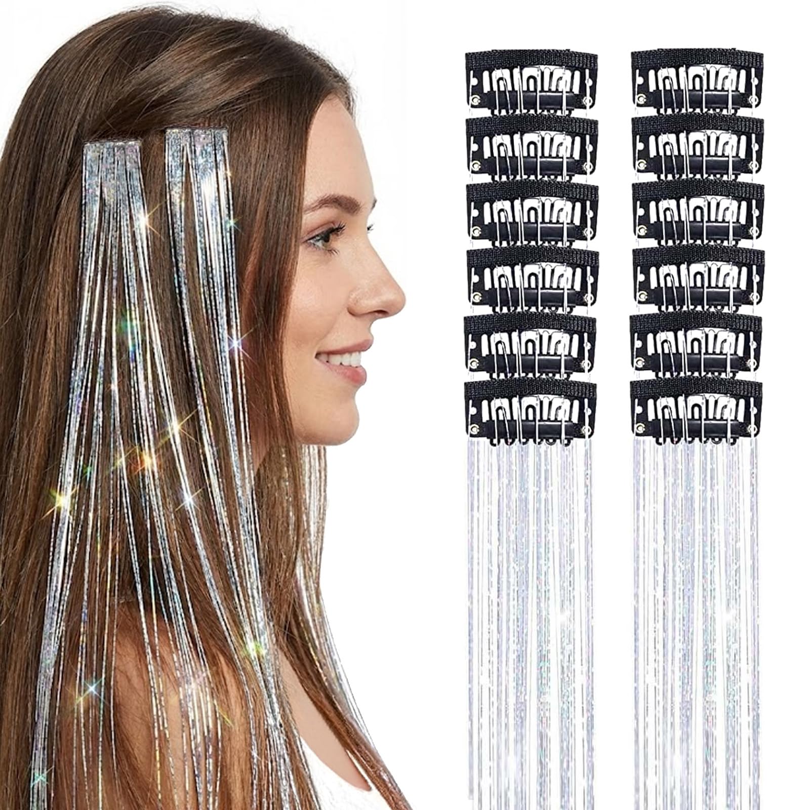Jetstream 12 Pièces Extensions Cheveux Pailletées Clip, Tinsel Hair Clip, Mèches de Hair Tinsel Paillettes, pour Femmes, Filles, Enfants, Accessoires de Cosplay et de Fête (Argent, 50 cm)