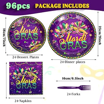 96 PCS Mardi Gras Party Tableware Set,Disposable Mardi Gras Party Carnival Supplies Purple Paper Plates Napkins Forks Mask Plate for Mardi Gras New Orleans Masquerade,24 Guests
