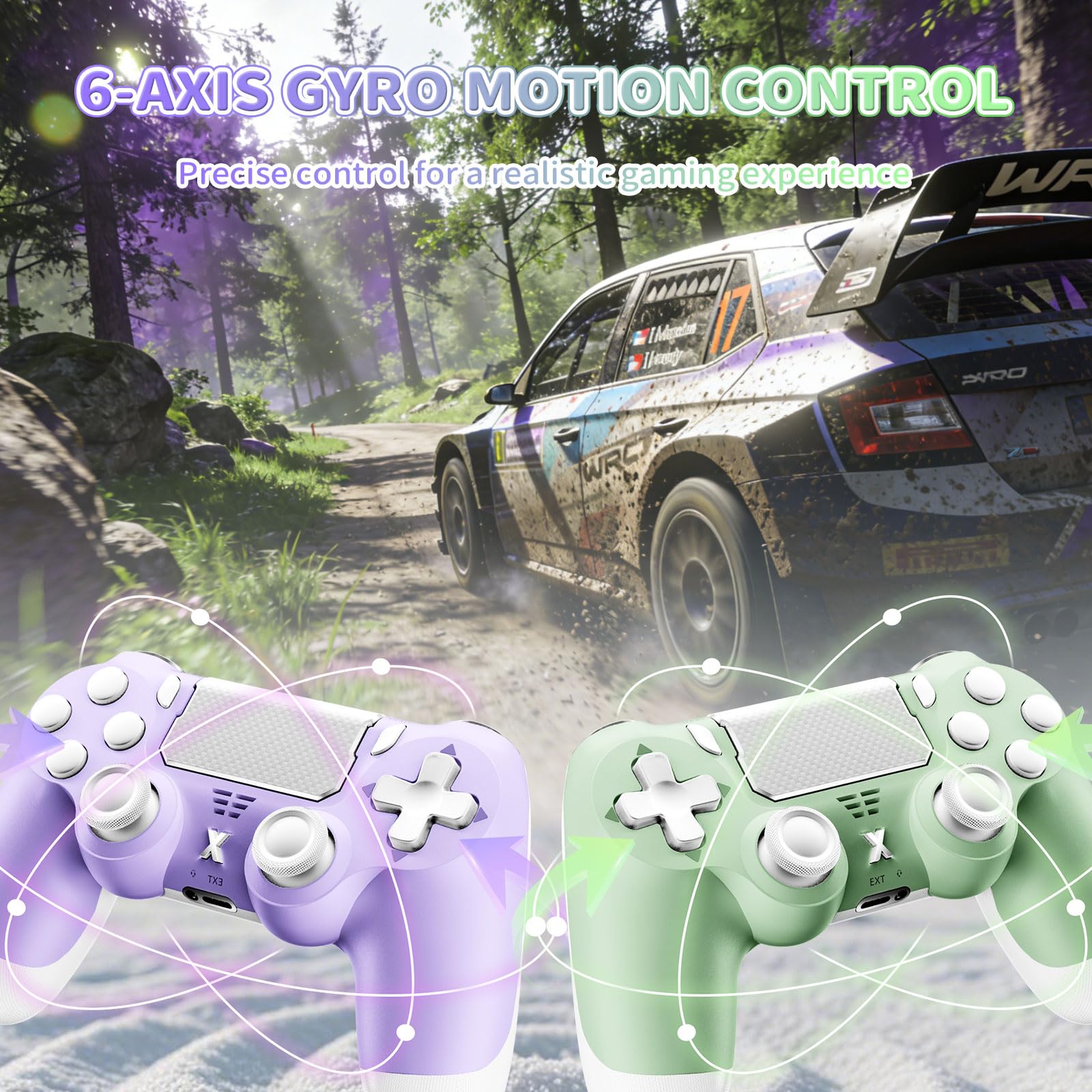 Wireless Controller for PS-4, Game Controller for PS-4/Slim/Pro/PC, Bluetooth Gamepad Joystick with Vibration Touch Panel, Upgraded Six-Axis Sensor, 3.5mm Audio Jack (Light Purple+Light Green) - 4