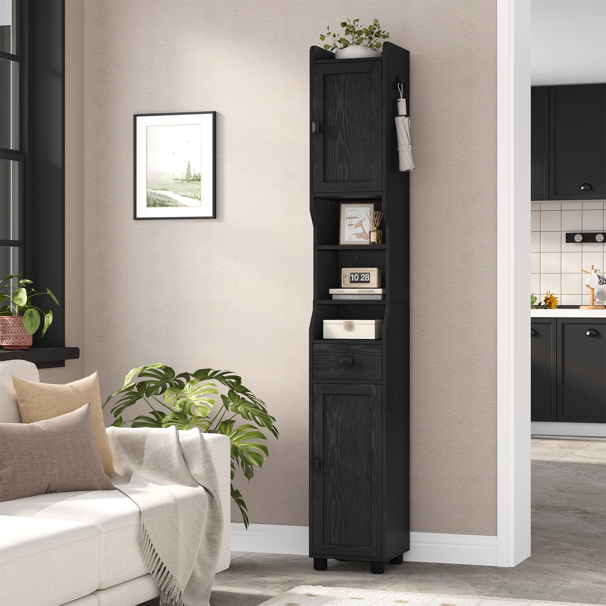 HEXCELEN Mueble de Baño Estrecho, Armario Alto de Baños con Compartimento Abierto y 2 Puertas, Estantes Ajustables, para Baño, Salón, Dormitorio, 28 x 28 x 180 cm, Negro