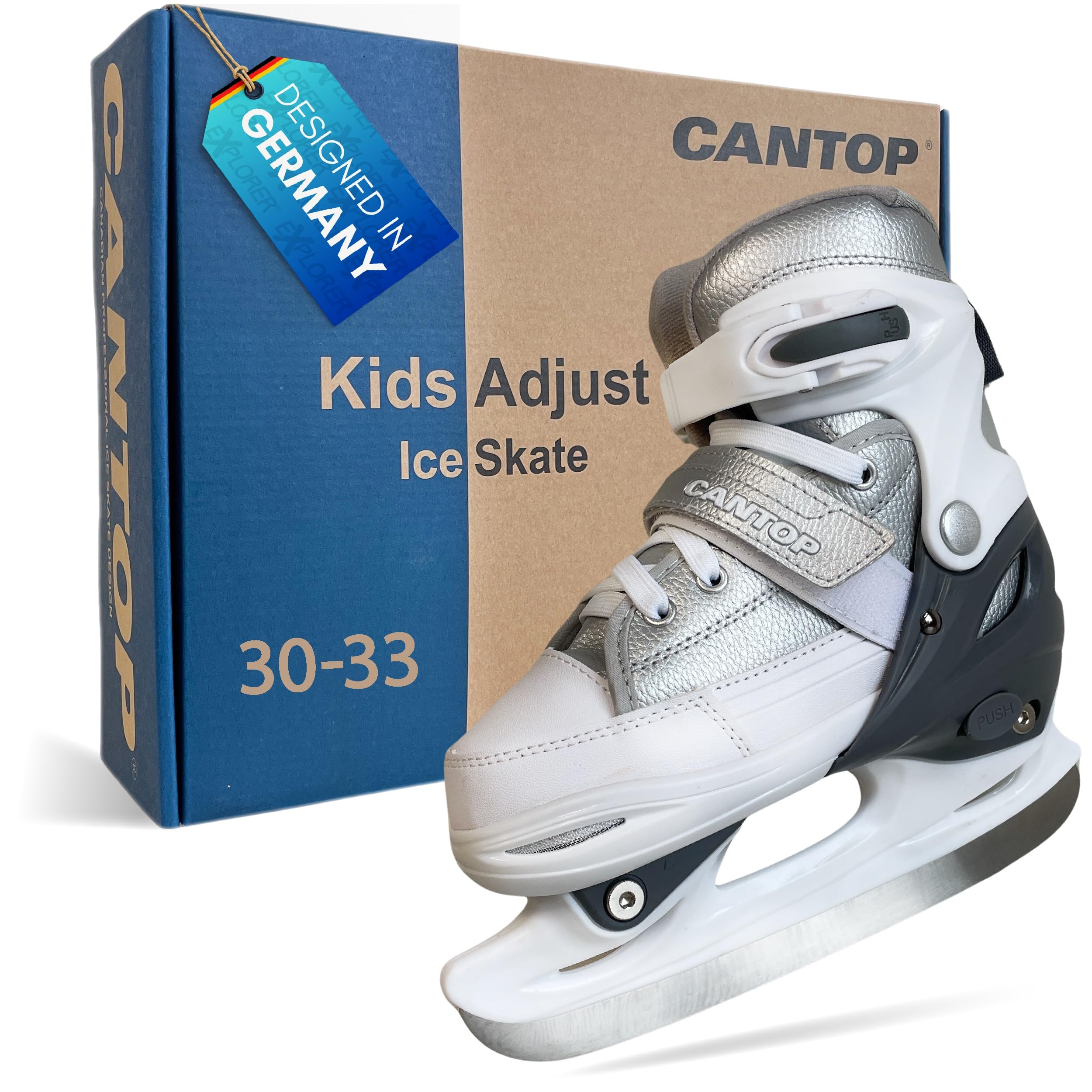 EXPLORER Cantop Schlittschuhe Kinder verstellbar Größen 30-41 für Jungen, Mädchen und Damen und Herren Eishockey Schlittschuh im Sneaker Design in Schwarz oder Silber