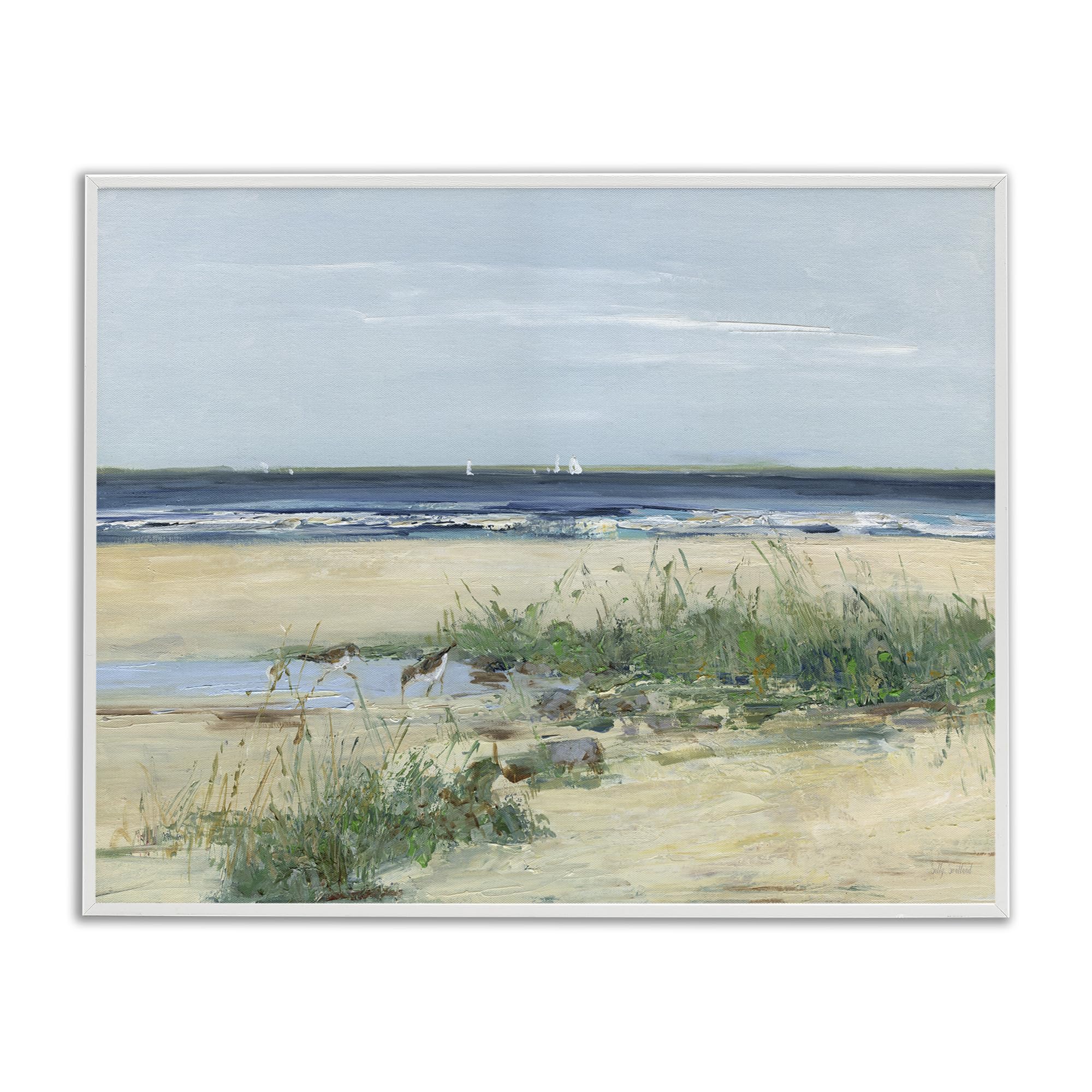 Stupell Industries Coastal White (Textured) Beach Marsh Sandpipers Coastal, 24 X 30 Inch Framed Giclée Print