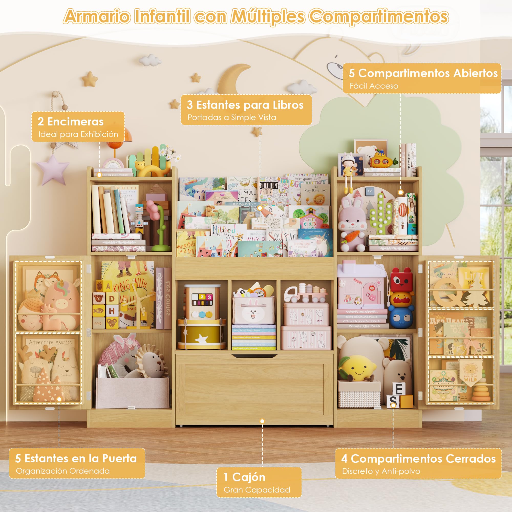 FOREHILL Organizador Juguetes, Mueble Almacenaje Juguetes, 1 Cajón, Roble | 5 Estantes para Puerta, 5 Compartimentos, 1 Estantería, 1 Cajón para Habitaciones de Juegos, 140.3x30x108.3cm