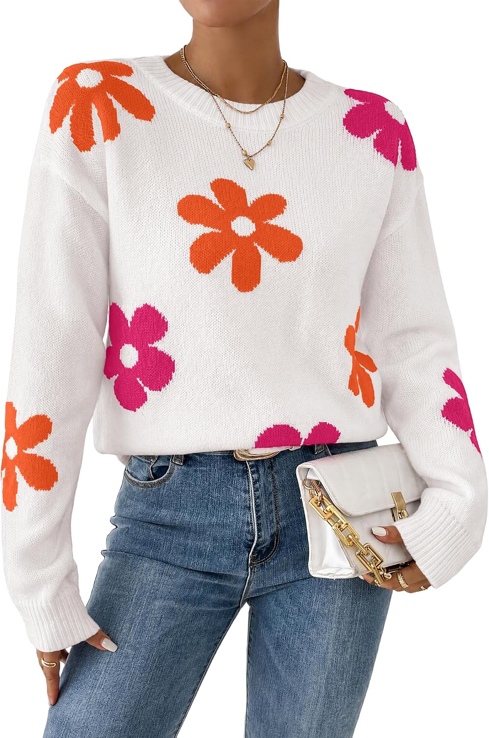 Womens Oversized Cute Fall Flower Sweaters Floral Chunky Knit Pullover Tops