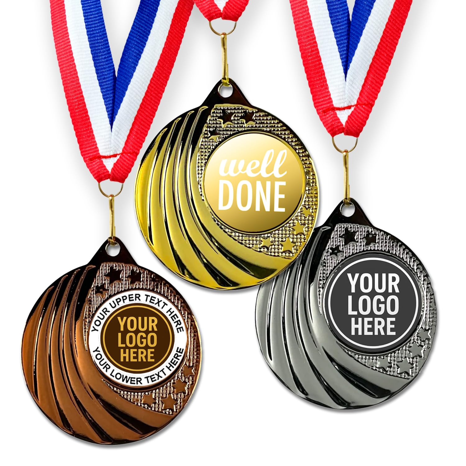 Trophy Monster Pack of 10x Metal 50mm Well Done Vortex Medals & Ribbons Standard emblem or your logo FREE | Personalised | Bulk Pack Quantity Deals 50,100,250 or 500 | Gold, silver or bronze
