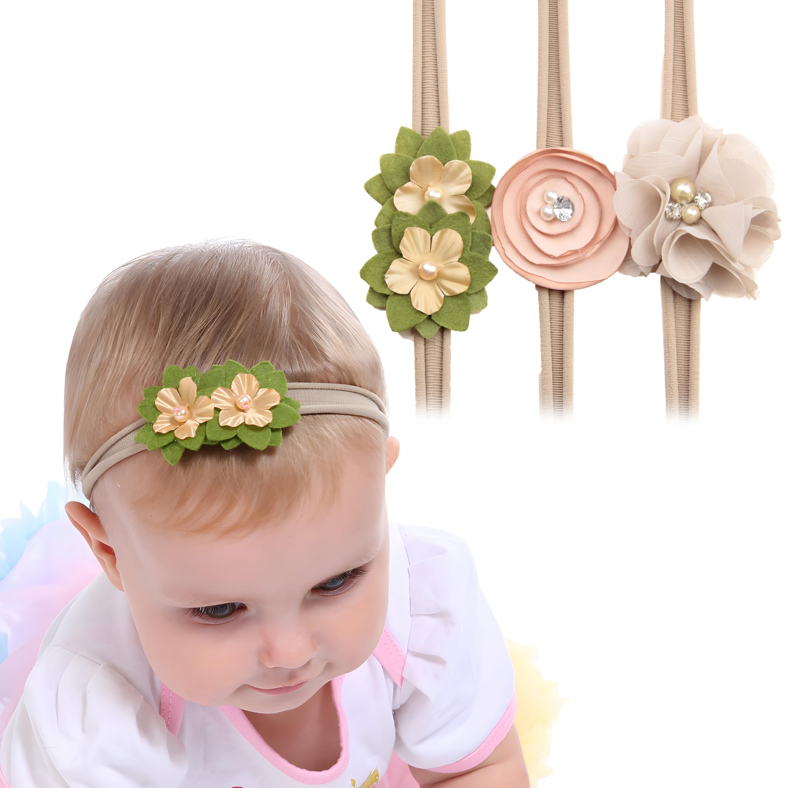 Bembika Vintage Floral Lace Nylon Headbands Accessories for Baby Girls (Set of 3) Multicolor-image-46