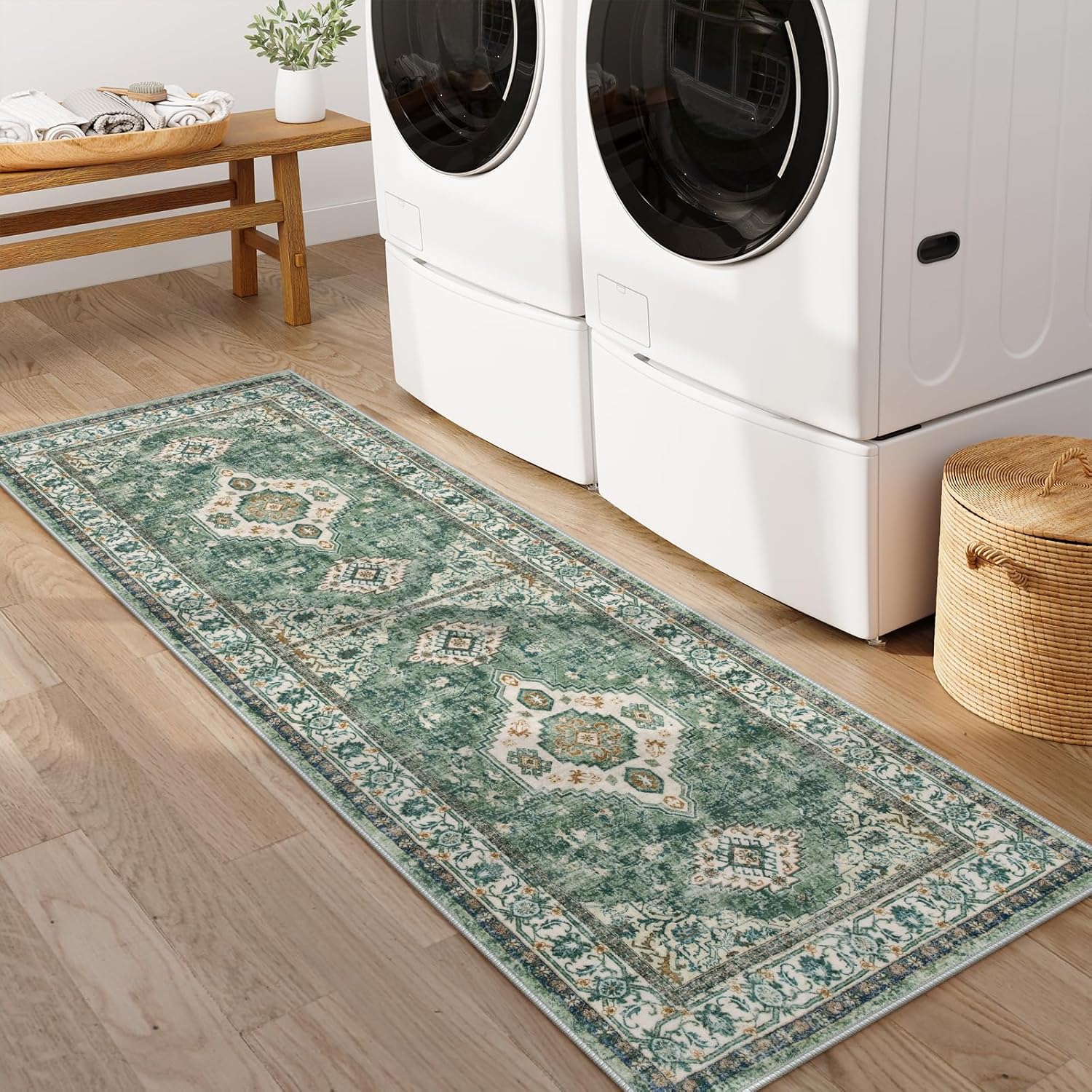 Green Floral 2' x 6' Washable Non-Slip Runner Rug