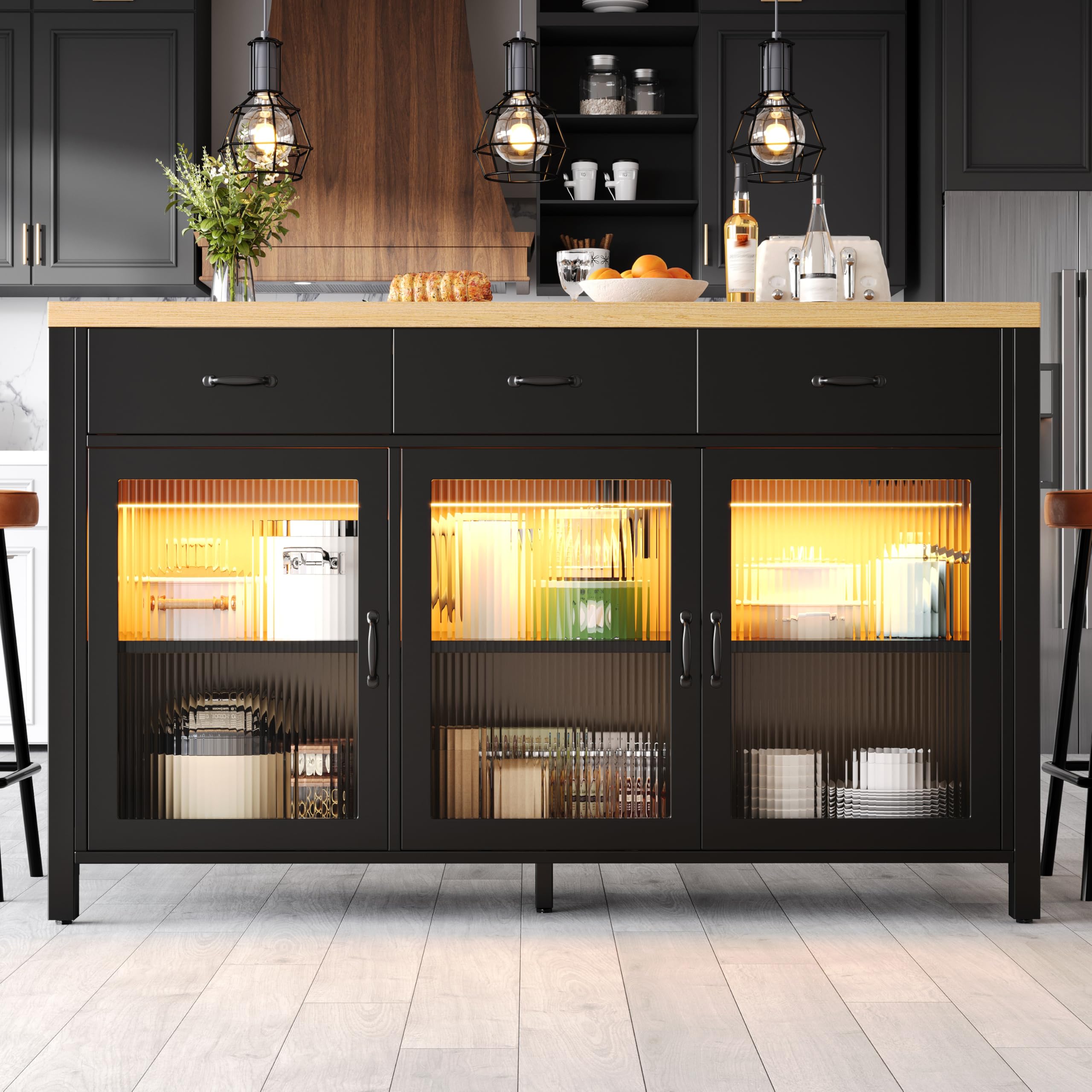 Isola da cucina con 3 cassetti e ante in vetro, design industriale, 150 x 80 x 90 cm, piedini regolabili, nero naturale