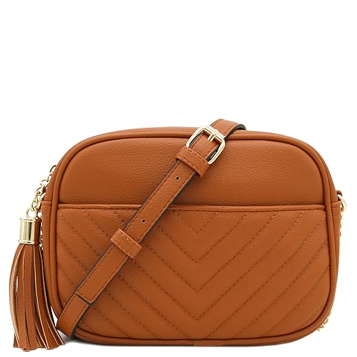 FashionPuzzle Chevron Quilted Crossbody Camera Bag with Chain Strap and Tassel
