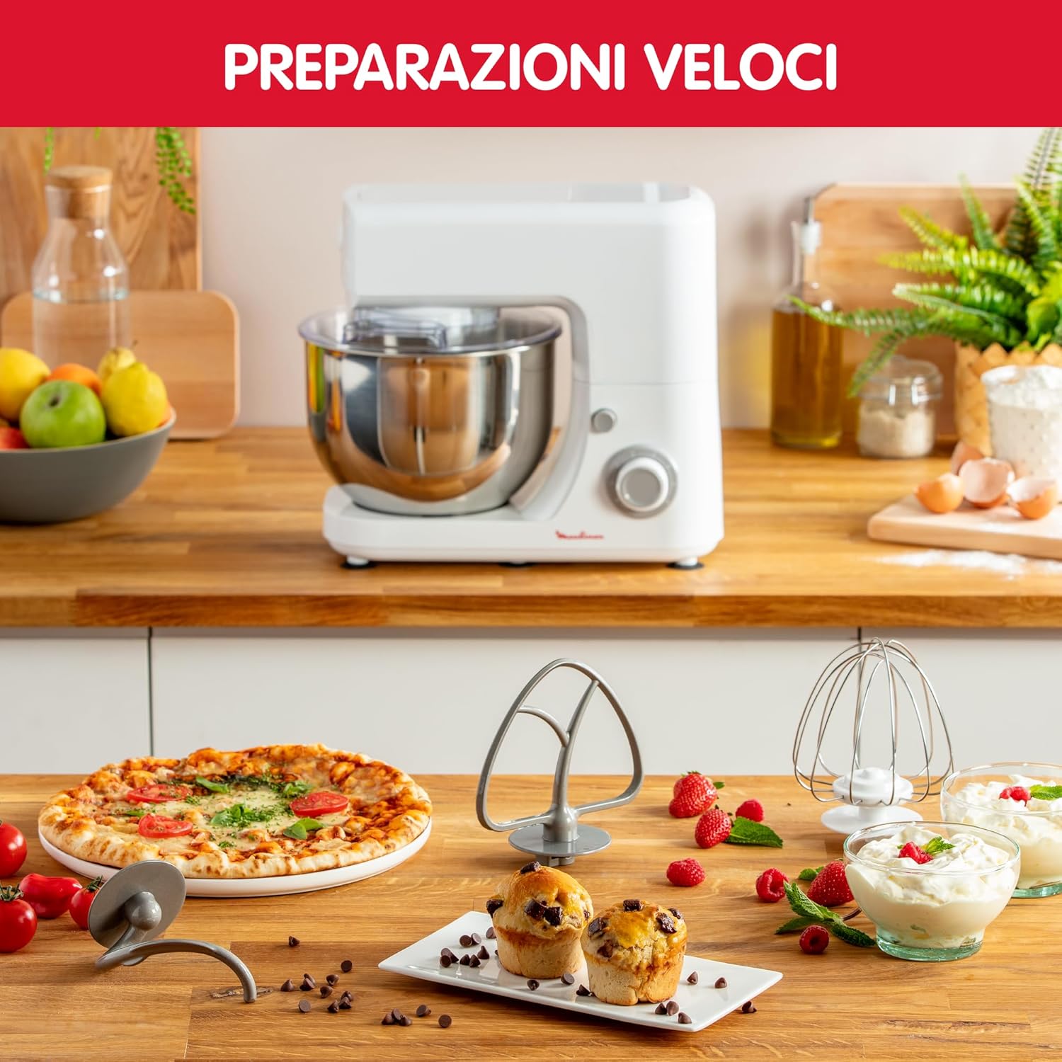Moulinex QA1501 Masterchef Essential Impastatrice Planetaria, 800 W, 4.8 Litri, Robot da Cucina in Acciaio Inox a 6 Velocità, Impastatrice per Pizza, Macchina per il Pane e per Dolci, Bianco - Immagine 5