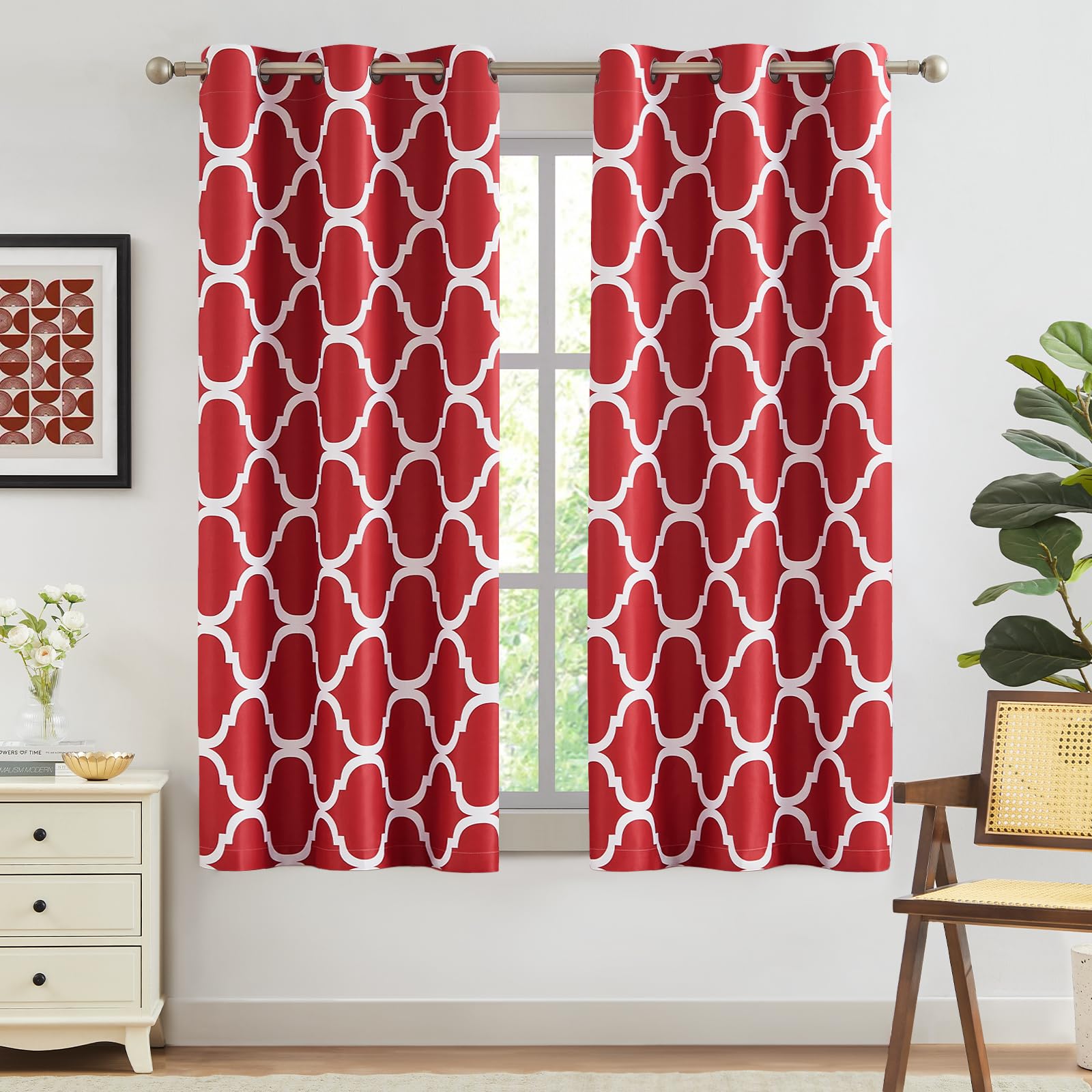 Melodieux Moroccan Fashion Thermal Insulated Room Darkening Blackout Grommet Window Curtains for Living Room, 42 by 63 Inch, Red (2 Panels)