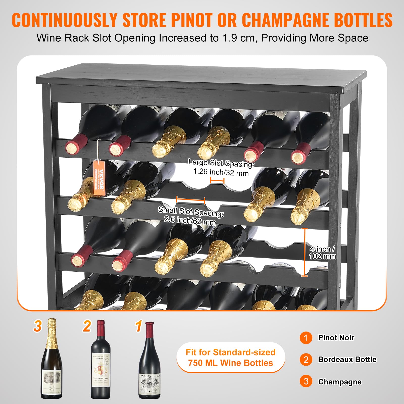 VEVOR Botellero Apilable de Vino para 42 Botellas Estante de Almacenamiento de Bambú 660x290x1000 mm Botellero Independiente de 7 Niveles Estantes sin Sacudidas para Cocina, Bar, Bodega, Negro