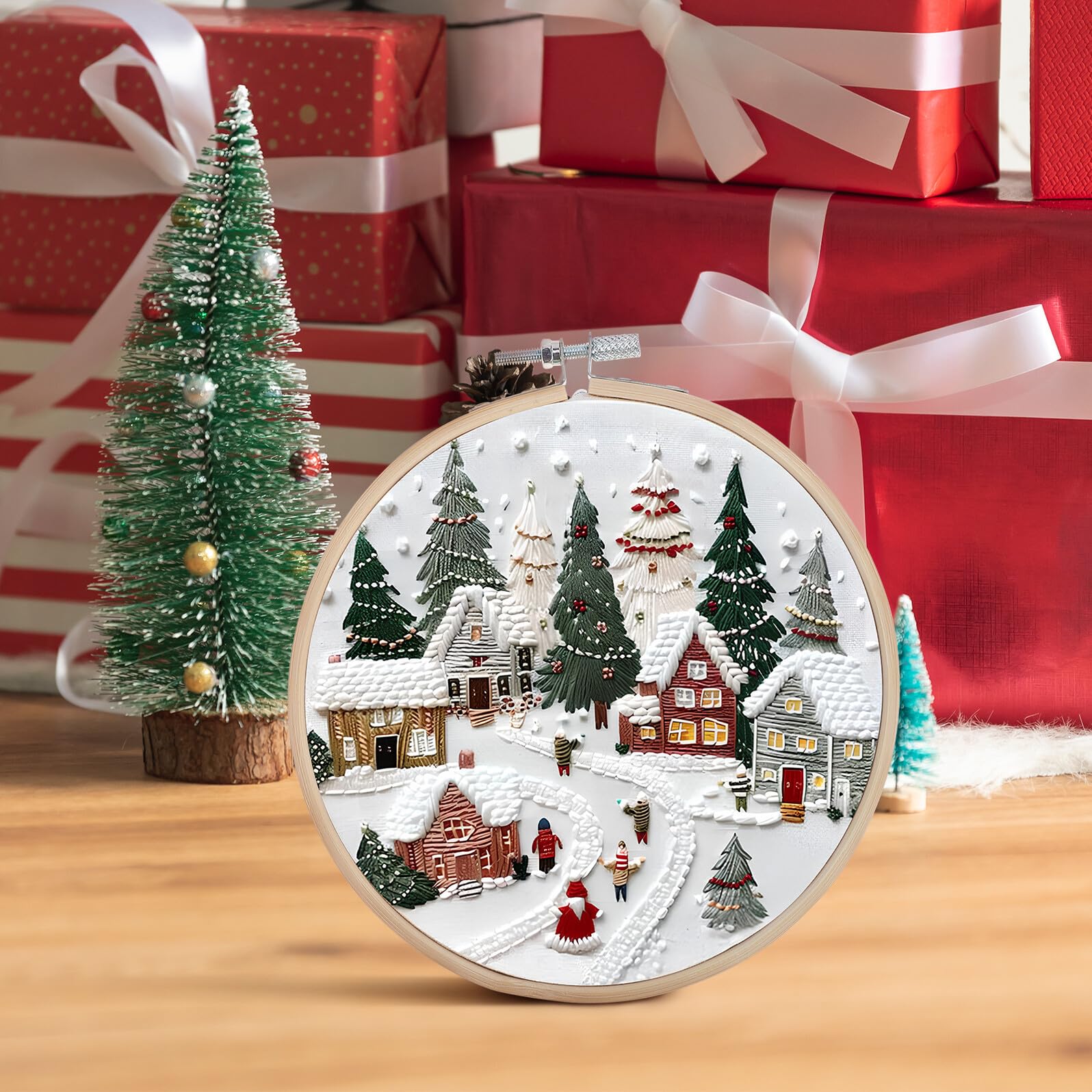 Homoyoyo Kit de Bordado Navideño para Principiantes 4 Aros de Bambú de 15 CM Telas de Lino y Algodón Incluye Tijeras Rosas Descosedor y Enhebrador Adecuado para Manualidades y