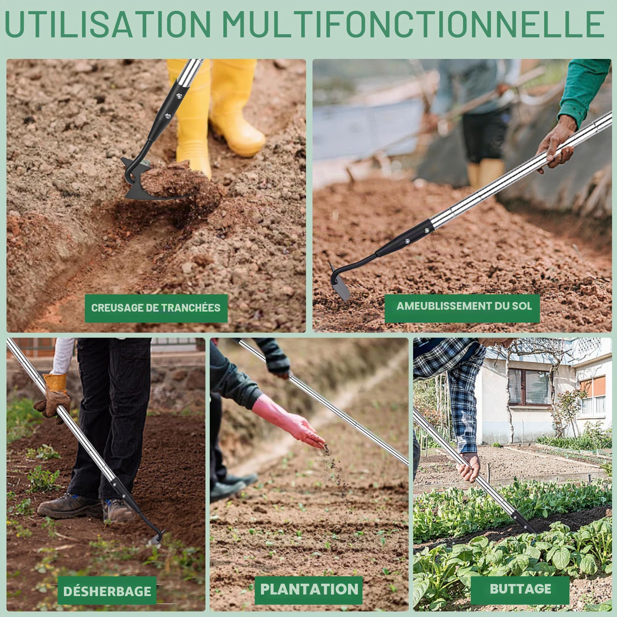 YEELOR Warren – Binette de jardin triangulaire en acier au carbone avec long manche réglable en acier inoxydable de 144,8 cm – Outil à main de jardinage robuste pour faîtage, désherbage, bêchage