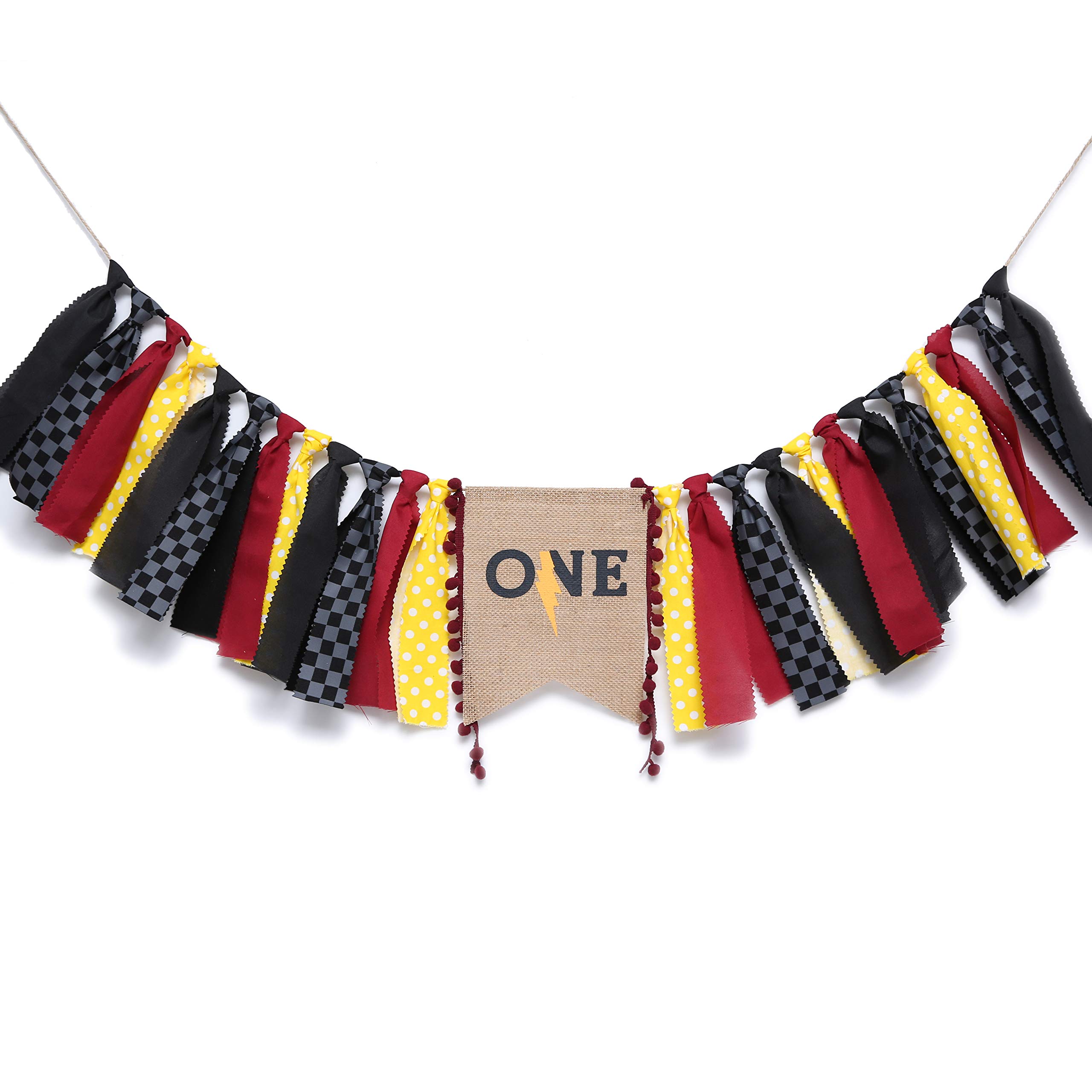 WAOUH Lightning Banner for 1st Birthday - High Chair Banner for First Birthday Decorations, Rag Tie Fabric Garland, Photo Booth Props, Birthday Souvenir and Gifts(Yellow Red and Black)