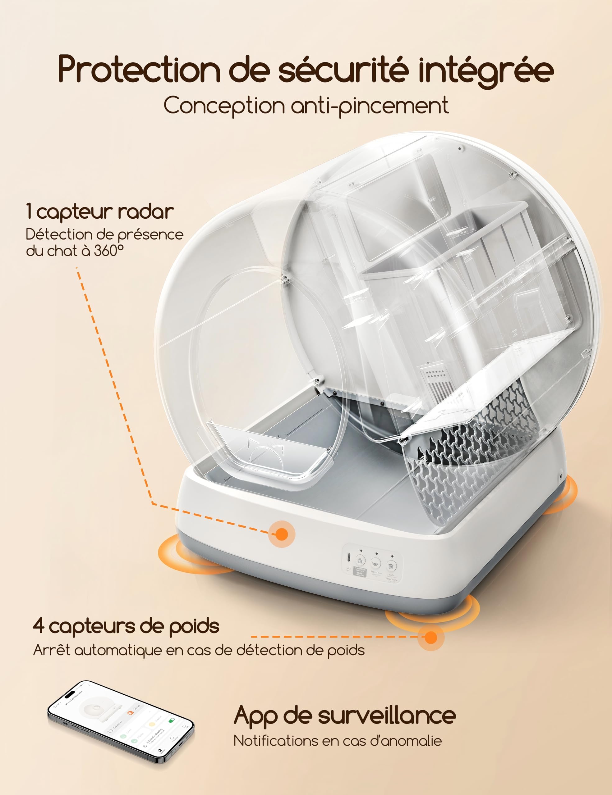 MeoWant Litiere Chat Autonettoyante, Litiere Automatique Chat Entièrement Fermé pour Plusieurs Chats, Ultra Sûr/Contrôlé par APP/Désodorisant, avec Tapis & Sac Poubelle & Déodorant
