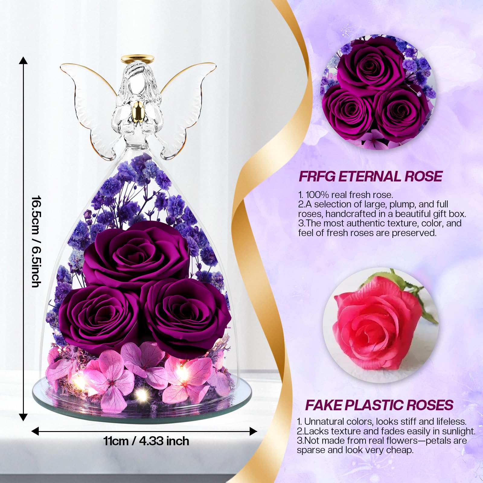 Cadeaux de Roses Eternelles pour Femmes, Cadeau Femme Roses Préservées dans des Figurines d'ange en Verre, Anges de Fleurs pour Maman Grand-mère, Epouse, Sœur, Petite Amie (Violet)
