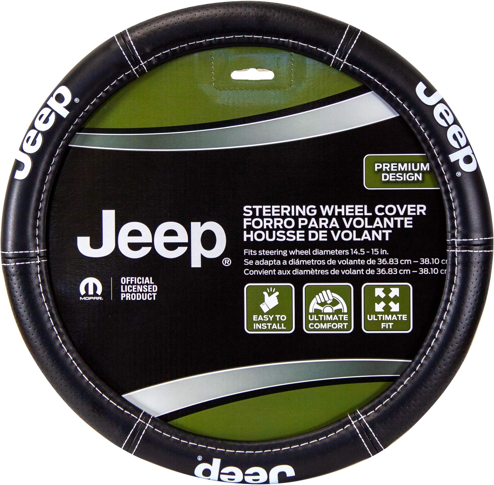 006695R01 Jeep Deluxe High Contrast Stitching Premium Steering Wheel Cover for Cars, Trucks & SUV, Black